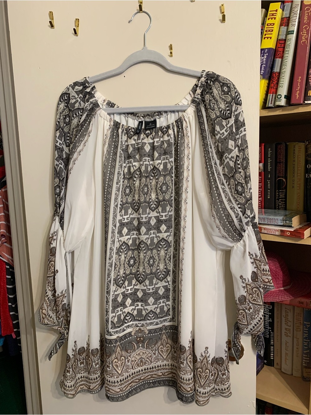 new directions White and Gray Boho Peasant Tunic with Paisley Print